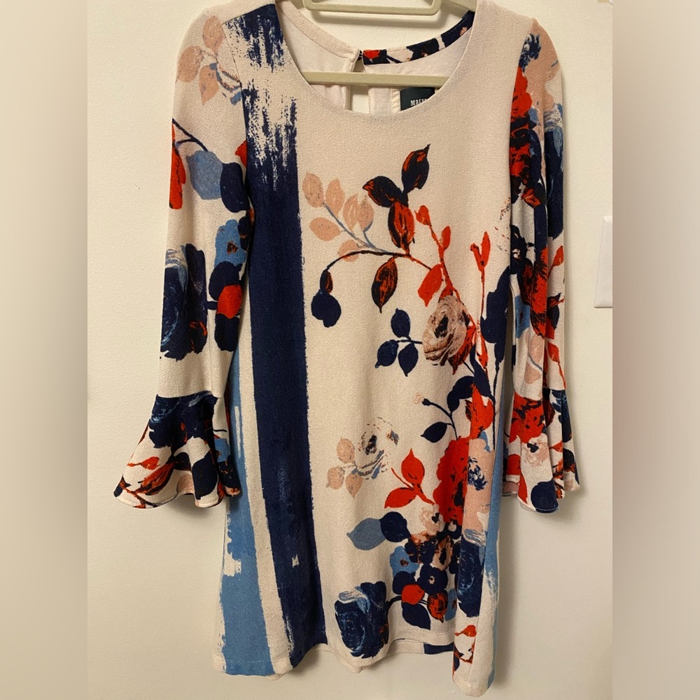 Maeve for Anthropologie Anthousai floral knit swing dress with bell sleeves boho